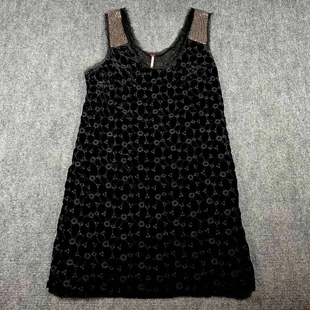 Vintage Free People black velvet mini dress with beaded detailing Size 6
